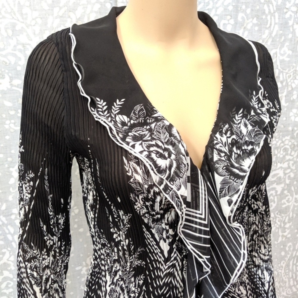 Black and WhiteWhimsygoth Pleated Floral Romantic Victorian Ruffle V Neck Blouse